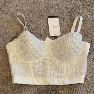 Anewsta White Pearl Embellished Bustier Top - M
